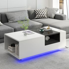 LED Coffee Table with Storage, Modern Center Table with Open Display Shelf, Accent Furniture with LED Lights for Living Room (Color: White)